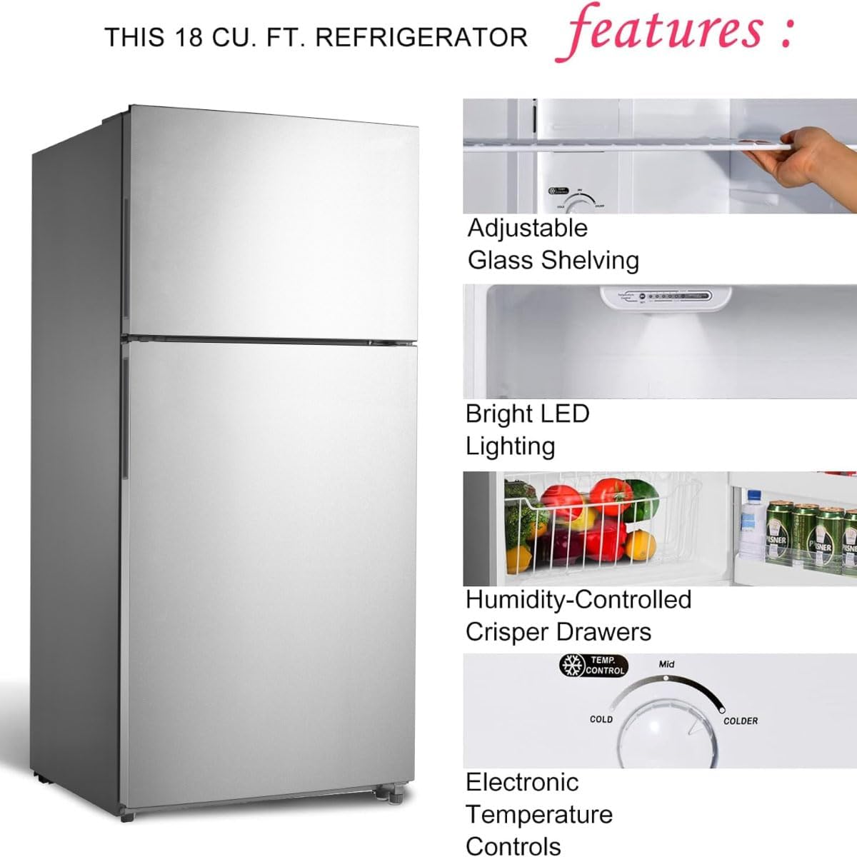 18 Cu.Ft Top Freezer Refrigerator, Apartment Size Refrigerator with Adjustable Feet, Garage Ready Refrigerator for Dorm, Garage, Office, Bedroom, Stainless Steel