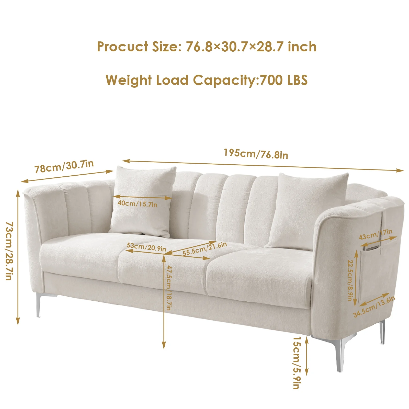 Homfa White Sofa and Couch, 77.2" Modern Chenille Couch with Armrests, Wood Sofa with Pocket and Stainless Steel Legs