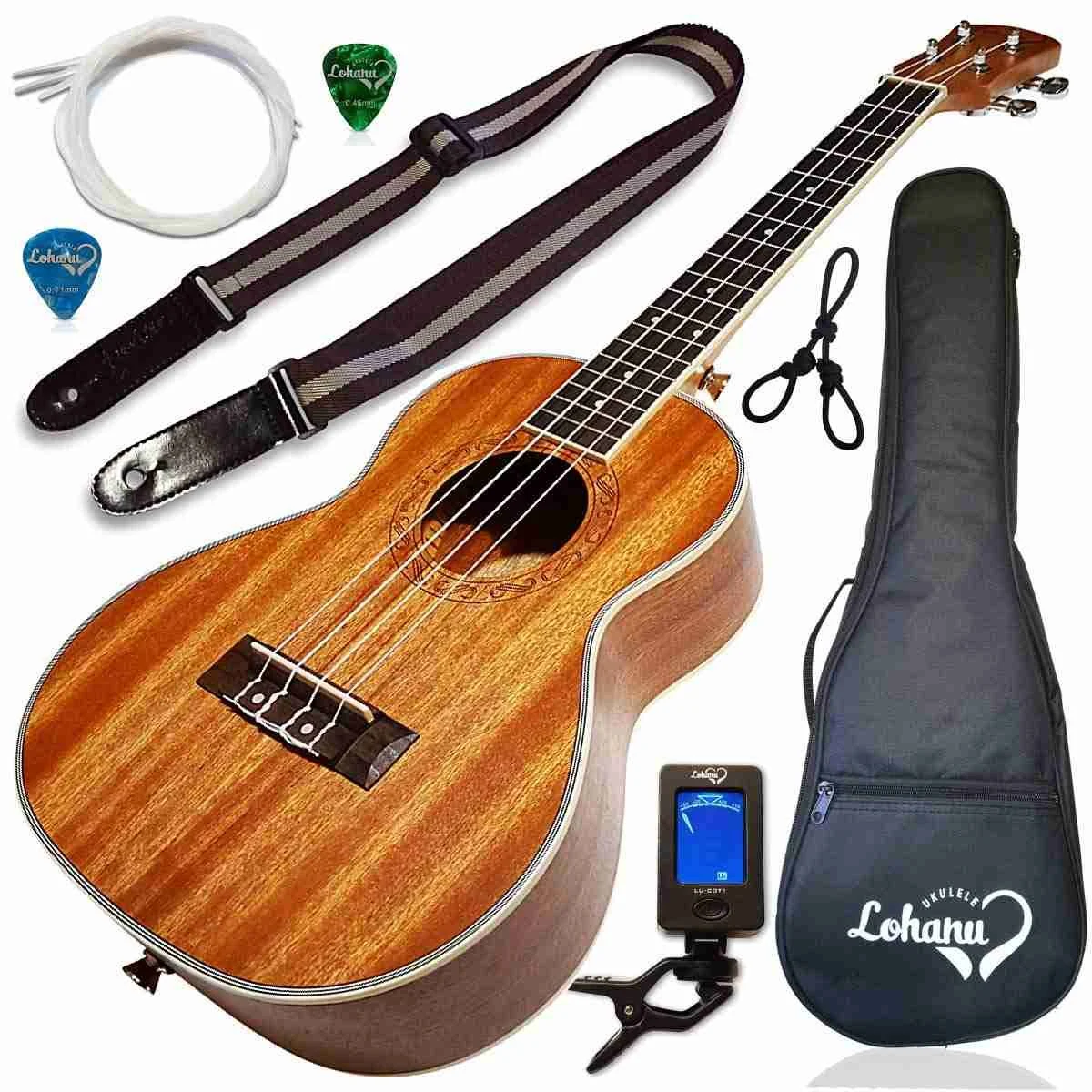 Ukulele Tenor Size Bundle from Lohanu (LU-T) 2 Strap Pins Installed Free Uke Strap Case Tuner Picks Pick Holder Aquila Strings I
