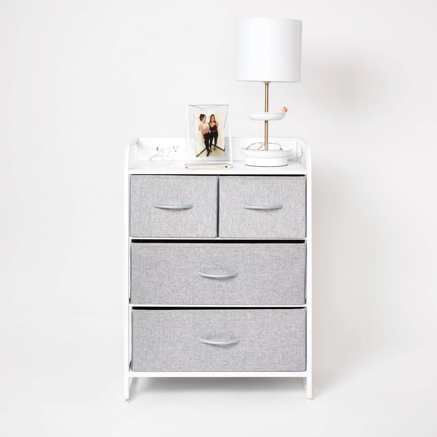 Dormify Charging 4-Drawer Storage Unit, 1 Outlet & 2 USB Ports, Storage Drawers, Organizer, Nightstand, Closet Dresser, Grey, Storage for Small Spaces, Dorm Room Essentials