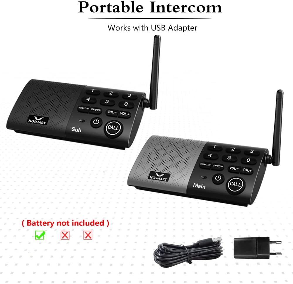Hosmart Full Duplex Wireless Intercom System Real Time, Two -Way Communication for Home and Office，Hands Free, Portable intercom, with Crystal Clear Sound, 1000 feet Range