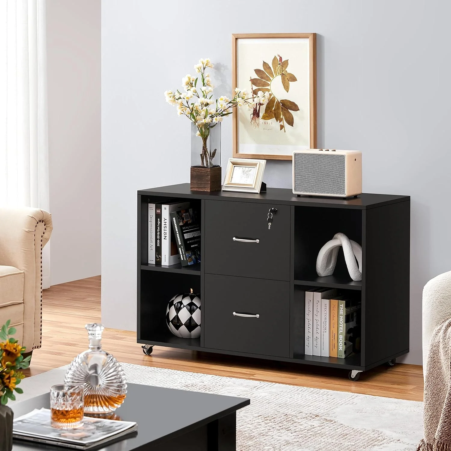 Black Filing Cabinet Large Mobile Storage Lateral Filing Cabinet with 2 Drawer and 4 Open Compartments,for Letter Size A4 Size, Printer Stand for Home Office, Black - Curated Treasures Market