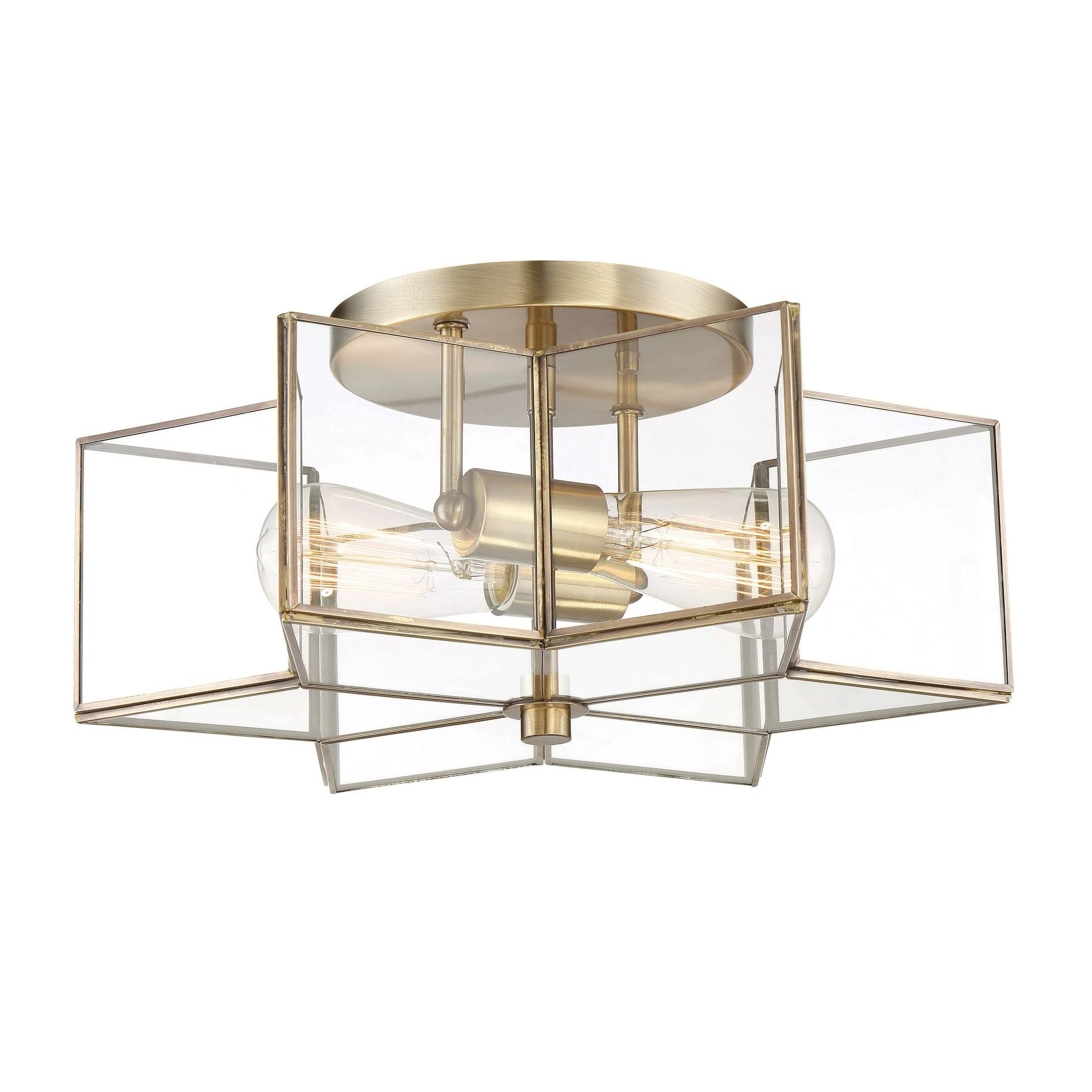 2-Light Natural Brass Semi-Flush Mount with Clear Glass