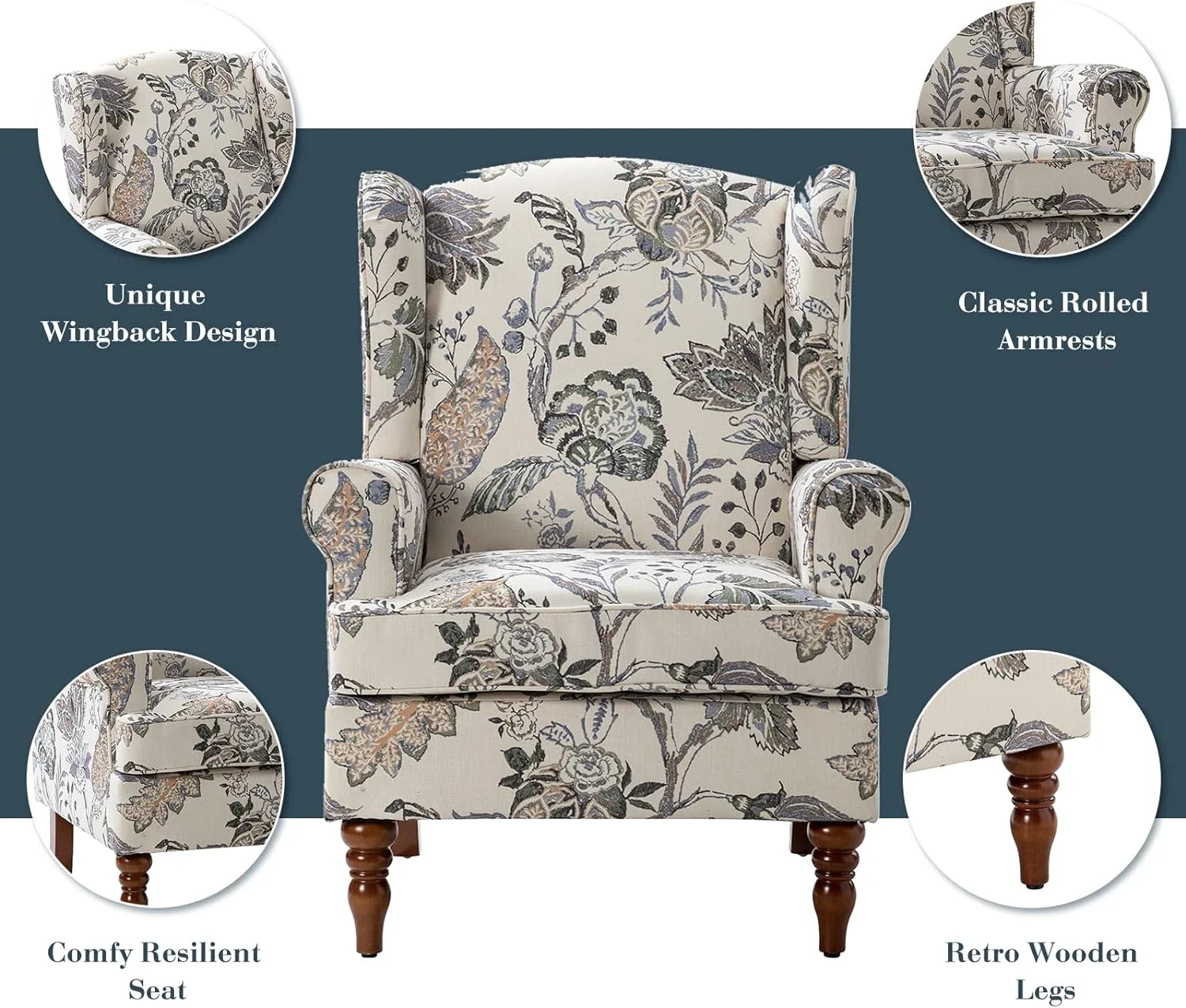 Wingback Accent Chair With Wood Legs, Traditional Fabric Armchair For Living Room Bedroom, Comfy Upholstered Single Sofa Chair Reading Chair With Unique Pattern Design, Green