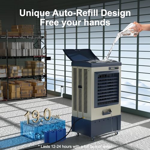 AKIRES Portable Swamp Cooler,Evaporative Air Cooler for Space,with Continuous Auto Fill, Water Tank,Oscillation,Ice Packs,Cooling Fan for Outdoor,Indoor,Garage