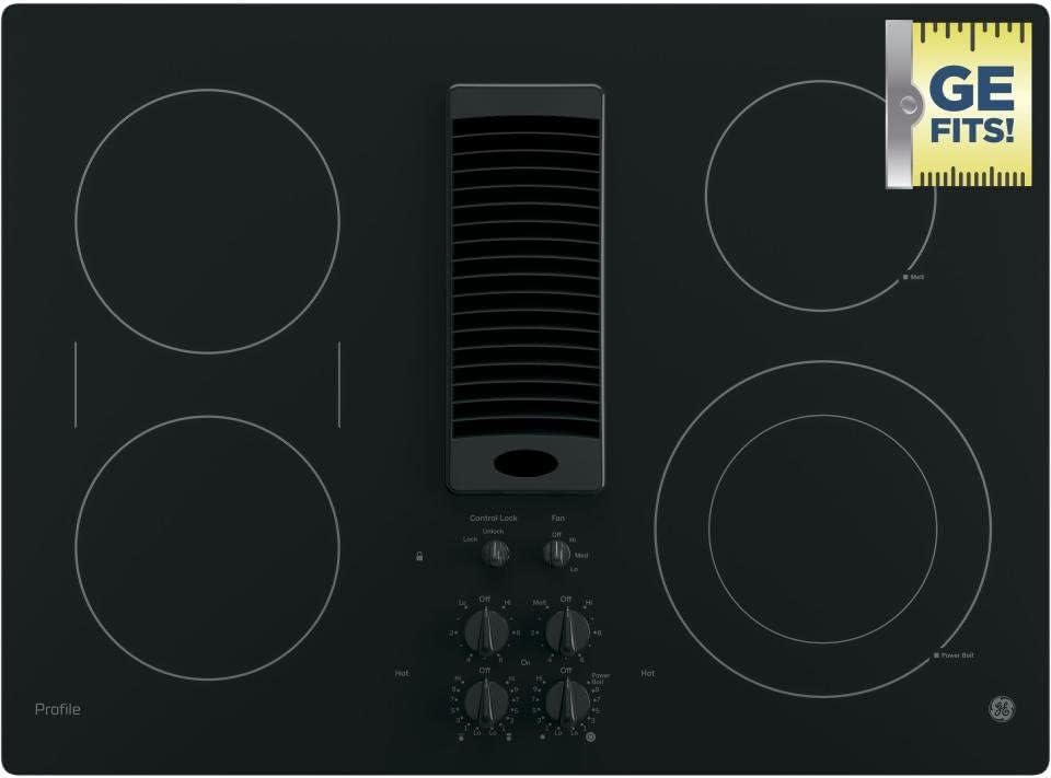 GE PP9830DJBB Profile Series Electric Cooktop with 4 Burners and 3-Speed Downdraft Exhaust System, 30", Black