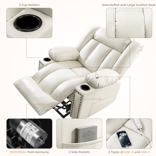Large Power Lift Chairs Recliners for Elderly with Heated and Massage, Overstuffed Adjustable Lift Chairs, 3 Positions, Breathable Leather, USB-A and USB-C, Cup Holder, Side Pocket Dark Brown