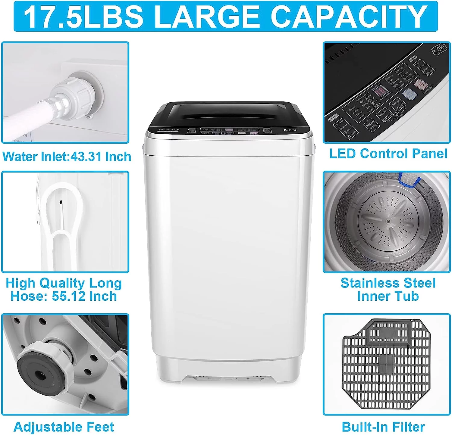 Qhomic Compact Washing Machine, 17.6lbs Capacity, 1.9 Cu.ft Portable Washer with LED Display and Faucet Adapter, Fully Automatic Washing Machine with Timed Settings, Perfect for Apartments, Dorms, Rv
