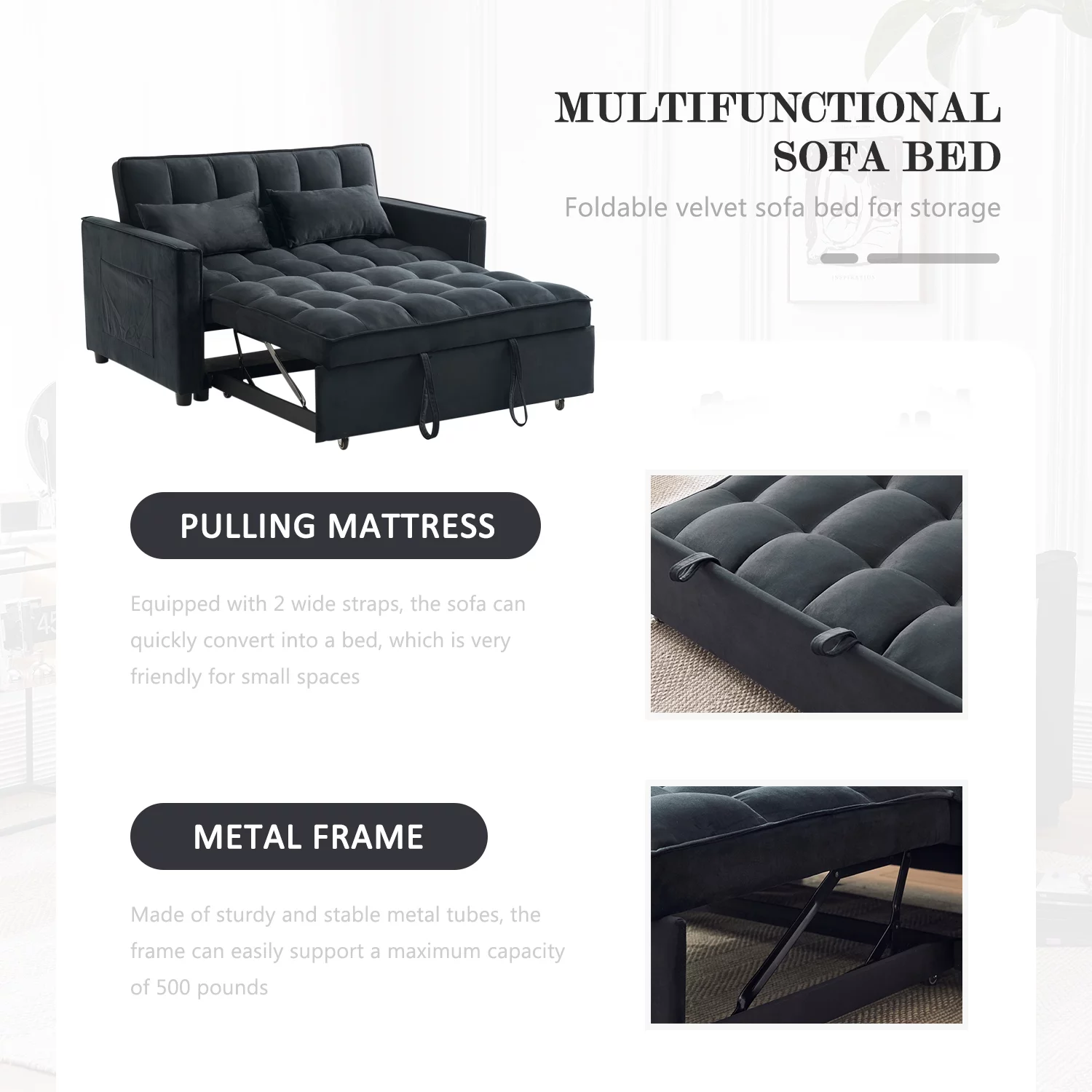 Tzicr 55.5'' 3-in-1 Convertible Sleeper Sofa Bed, Modern Velvet Loveseat Futon Couch Pullout Bed with Adjustable Backrest, Side Storage Pockets and Pillows. (Black) - Curated Treasures Market