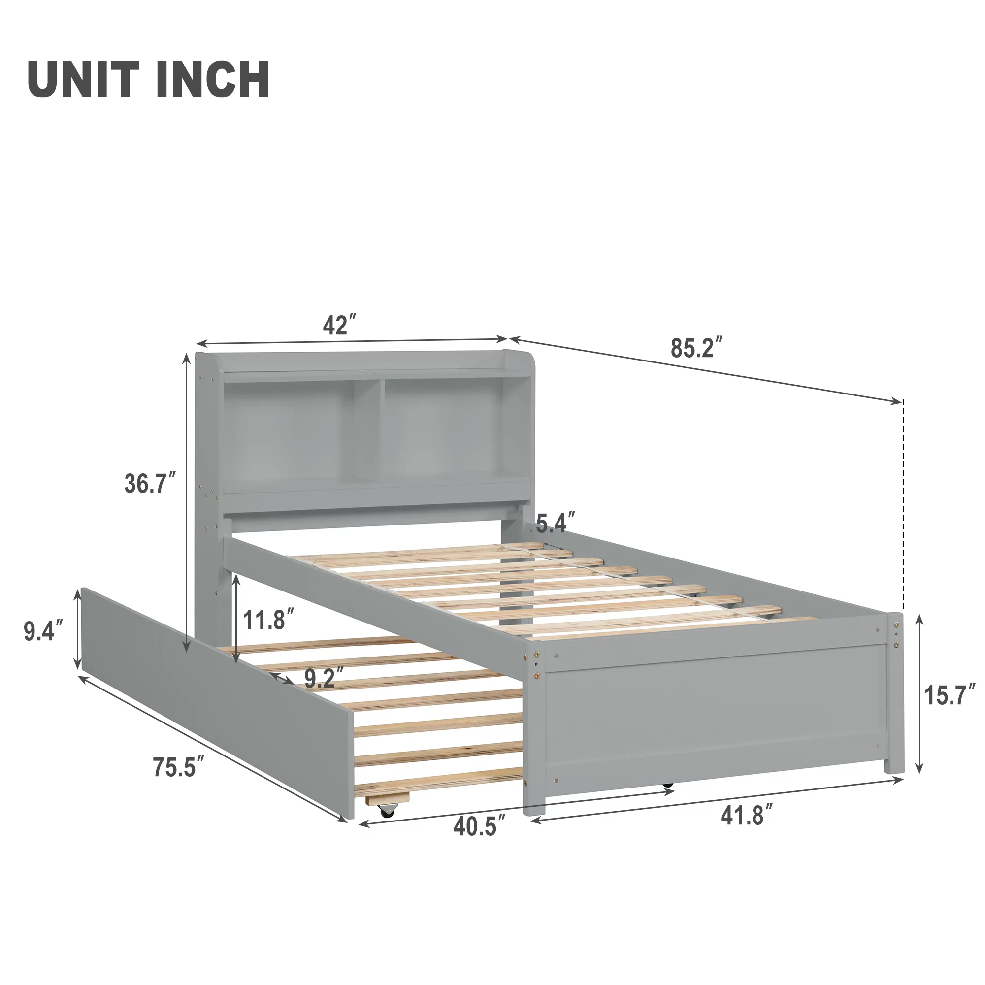 Twin Bed with Storage , Solid Wood Twin Size Bed Frame with 2 Bookcase Headboard , Twin Size Platform Bed with Trundle,Bookcase,Grey