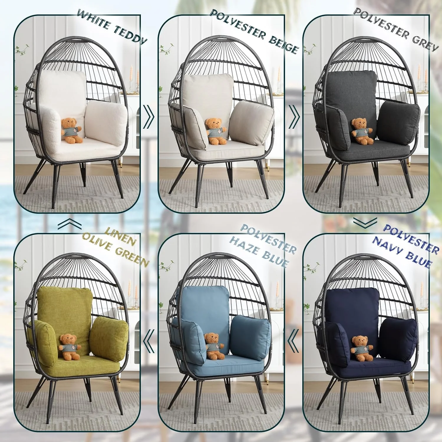 Wicker Egg Chairs Outdoor Set of 2, Oversized Rattan Chairs Indoor with Solid Stand, Comfy Patio Basket Chairs with Soft Cushions, Modern Lounge Chairs with a Cute Toy for Patio, Balcony, White