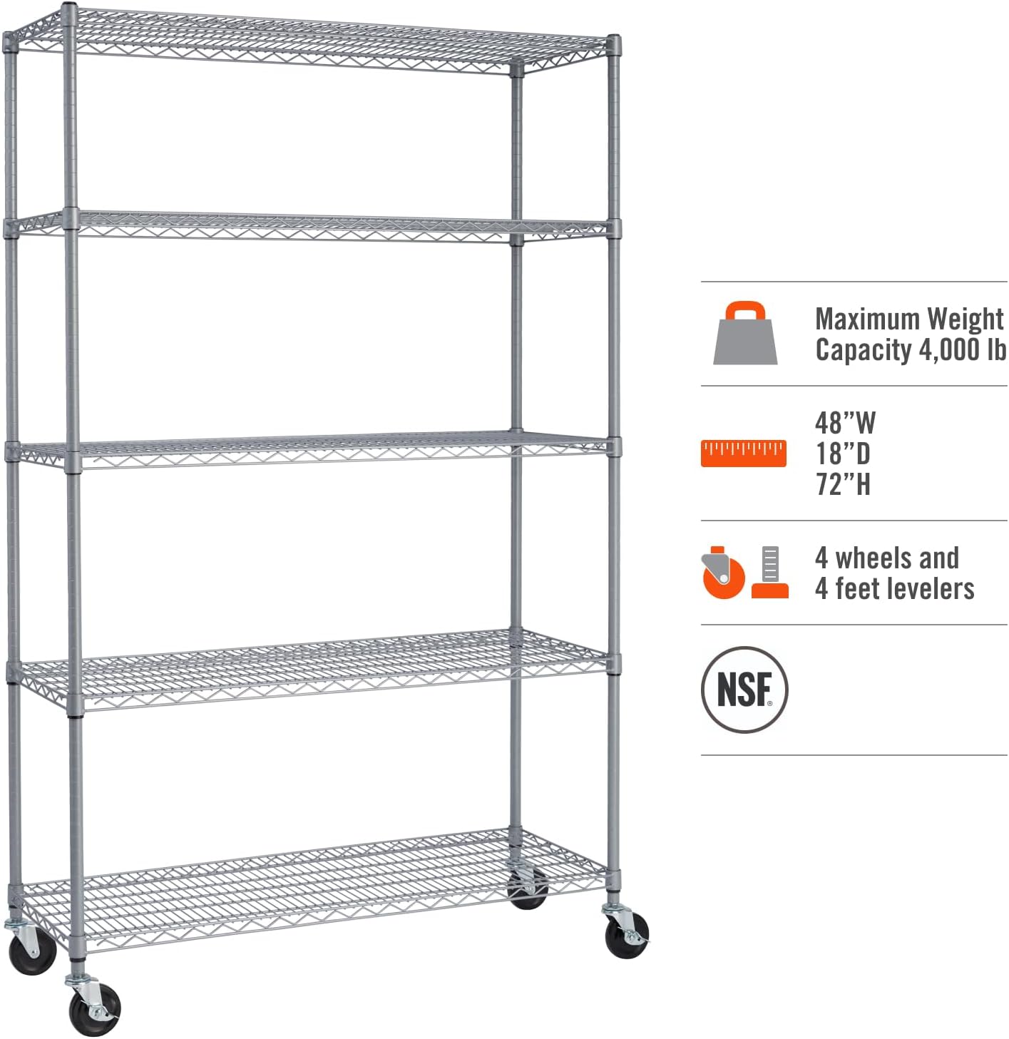 TRINITY EcoStorage Heavy Duty 5-Tier Adjustable Wire Shelving with Wheels for Outdoor Use, Garage Storage and More, NSF Certified, 800-4000 Lb Capacity, Gray, 48" W X 18" D X 72-77" H