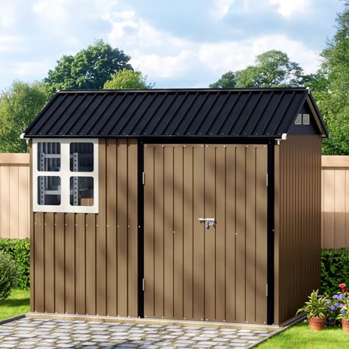 10X12X7.5 FT Outdoor Steel Storage Shed with Lockable Doors, 2 Windows, Transparent Roof Panels (Wood Panels & Frame Floor Not Included), Ideal for Patio Storage,Garbage Can, Chicken Coop，Brown