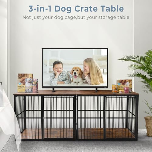 86.62''Dog Crate Furniture Large Breed TV Stand with Double Rooms,Wooden Dog Kennel Dog Crate End Table with Removable Divider for Large Medium Dogs, Can Use Separately, Brown
