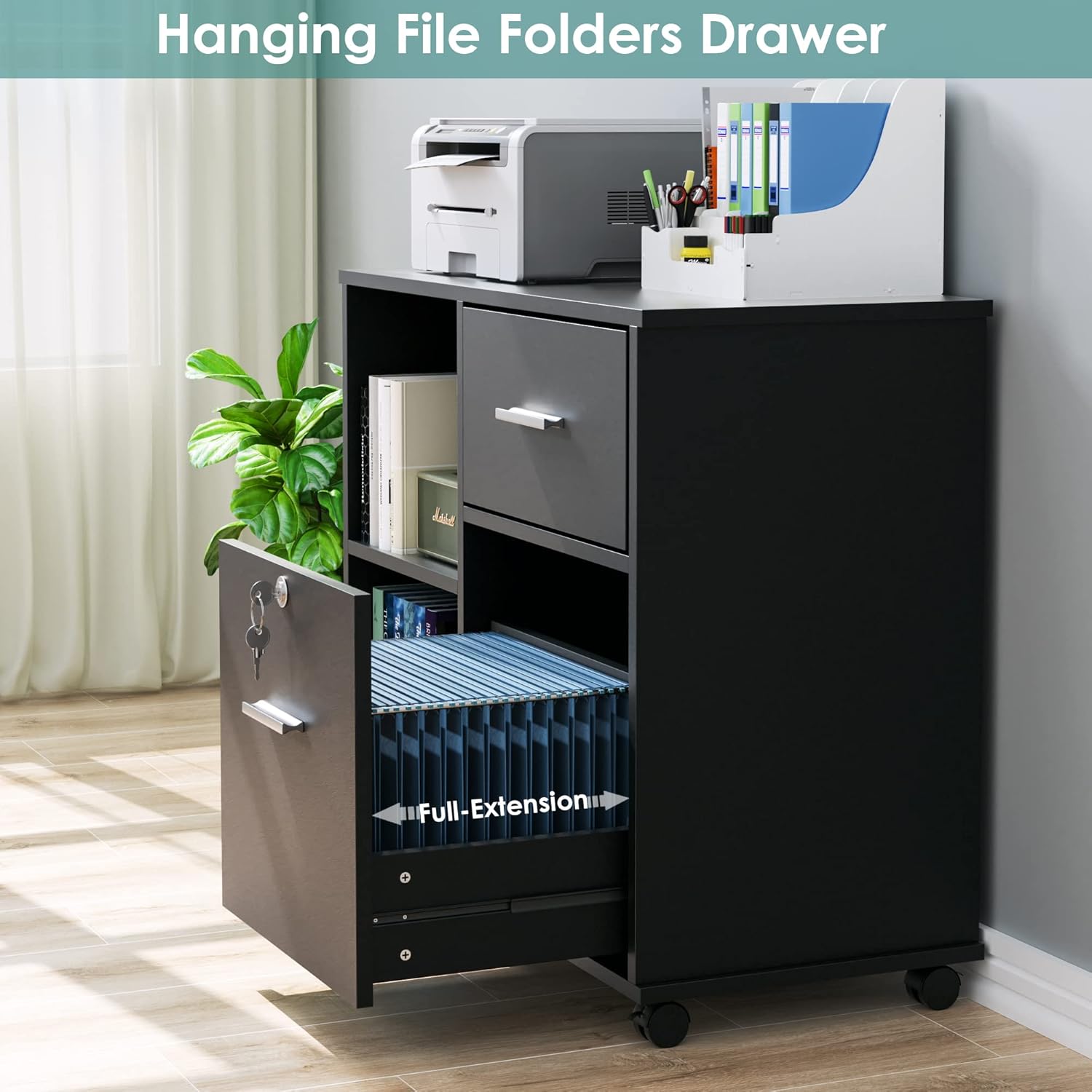 Lateral File Cabinet with Drawers and Lock, Wood Filing Cabinet, Rolling Printer Stand with Shelves for Home Office, Black