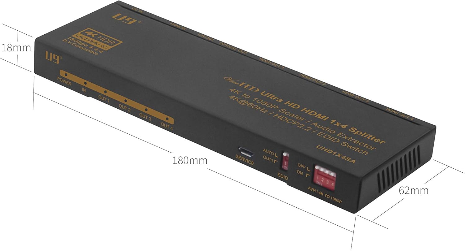 U9 ViewHD HDMI 1x2 Splitter & Audio Extractor | HDMI v2.0 | 4K@60Hz | 4K to 1080P Scaler | HDR & Dolby Vision | 3.5mm / Optical & HDMI Receiver | Best Multi-Functional 1x2 on Earth | Model: UHD1X2SA