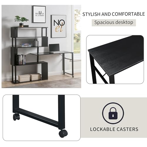 L Shaped Computer Desk Corner Table, Rotating with Bookshelf for Home Office, Lockable Casters, Modern Design, MDF and Steel Frame, Compact Desk, Easy Assembly (Brown)