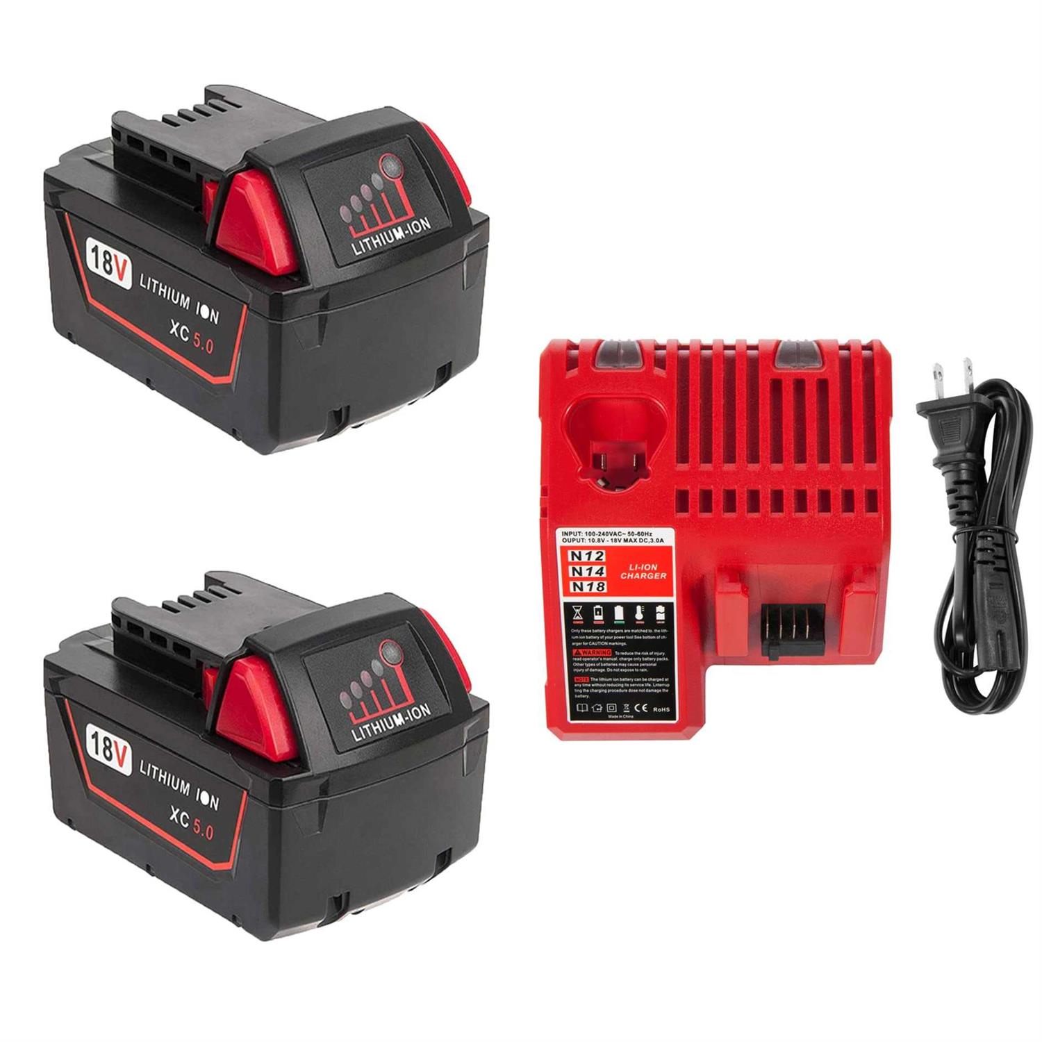 Volt1799 2Packs 5.0Ah 18V Lithium Battery and Charger for Milwaukee M18 Battery - Shop Hardware Tools Online Store