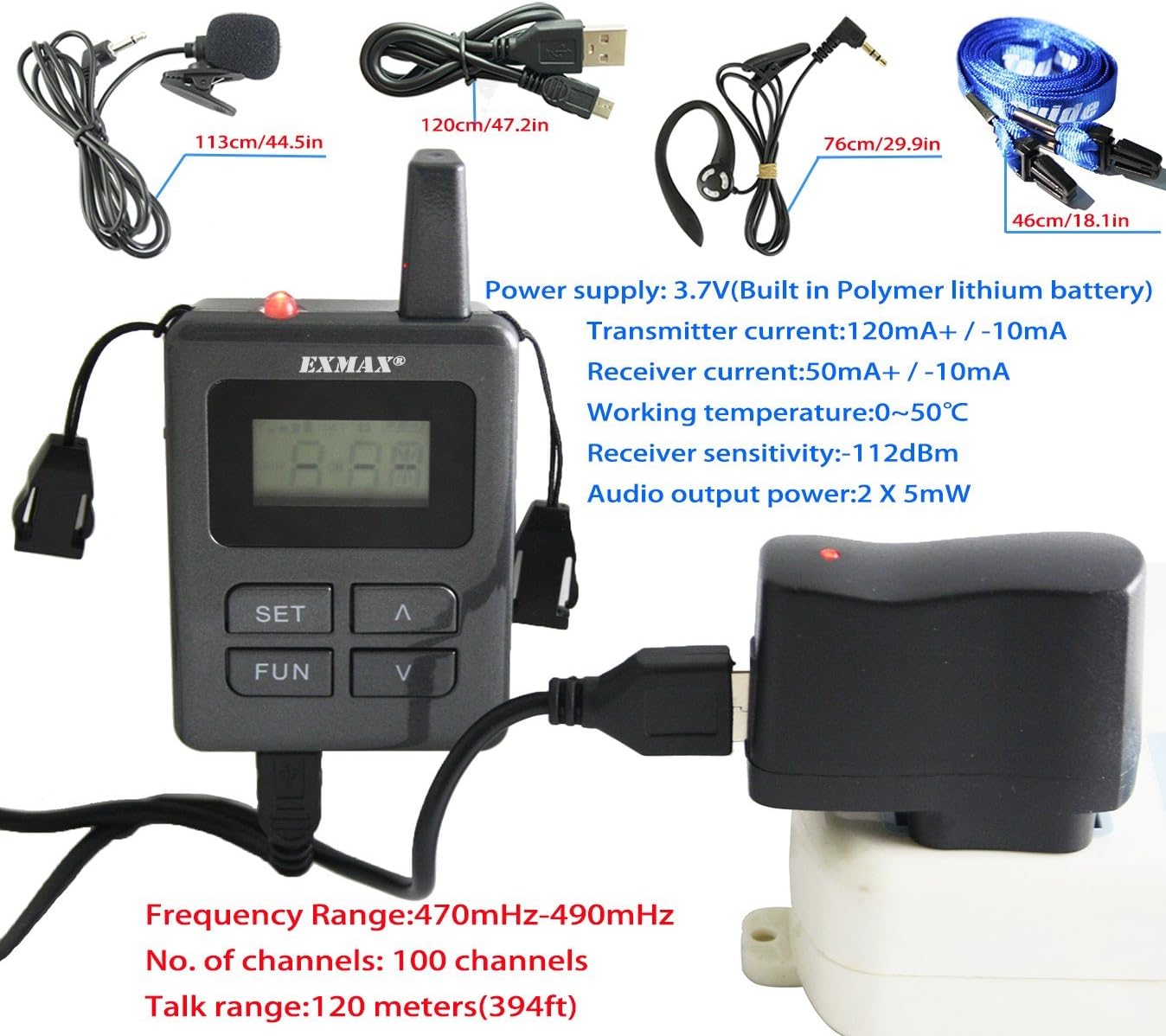 EXMAX ELGT-470 Wireless Tour Guide Whisper Acoustic Transmission System for Travel,Conference,Training,Hajj,Church,Teaching(1 Transmitter & 25 Receivers with Sivler Aluminium Alloy Storage Case)