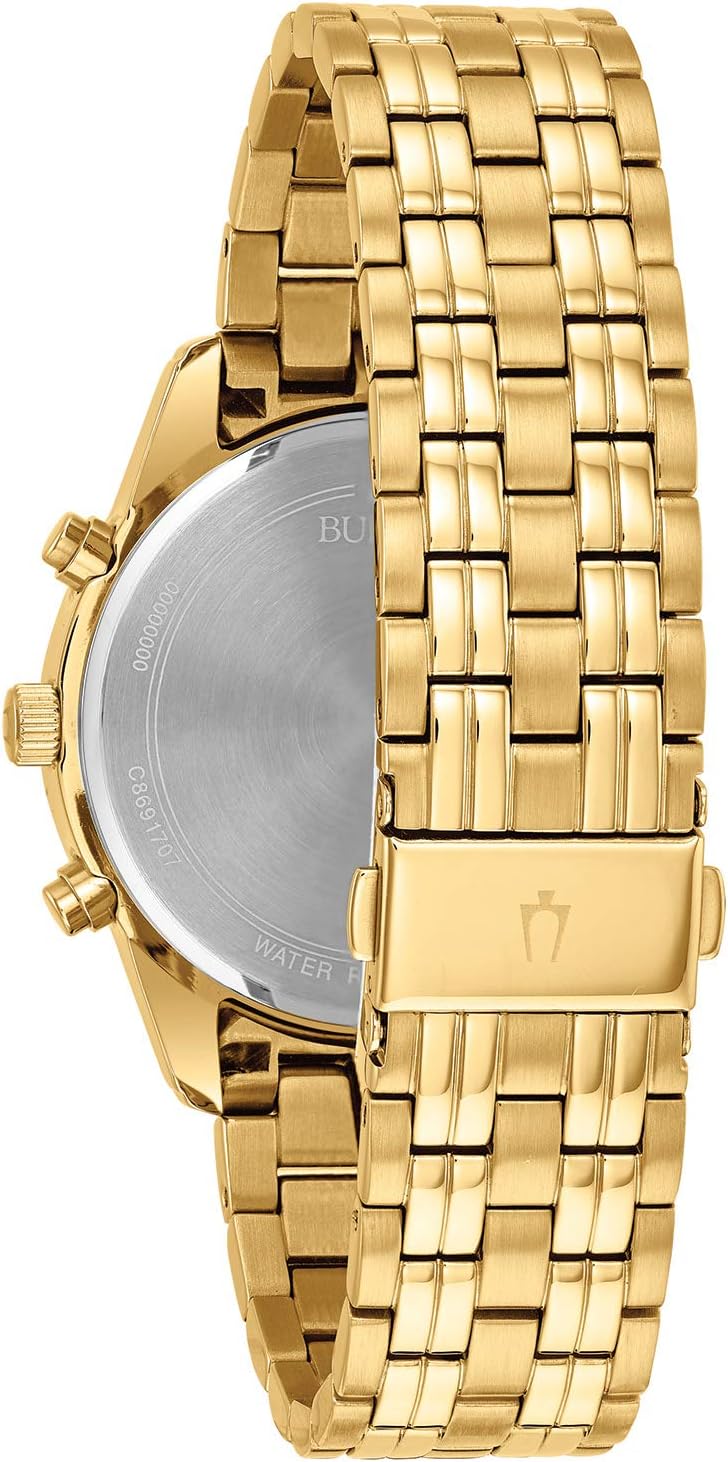 Bulova Men's Classic Gold Tone Stainless Steel 6-Hand Chronograph Quartz Watch, Diamond Dial Style: 97D114