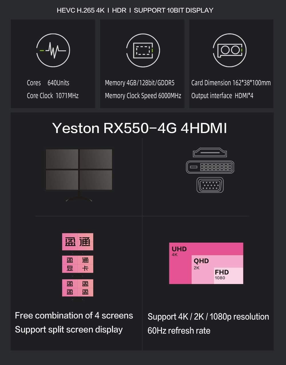 Yeston Radeon RX 550 Graphics Card, 4GB 128-Bit GDDR5 6000MHz 4 HDMI Screen Split Screen GPU Desktop Video Gaming Graphics Cards
