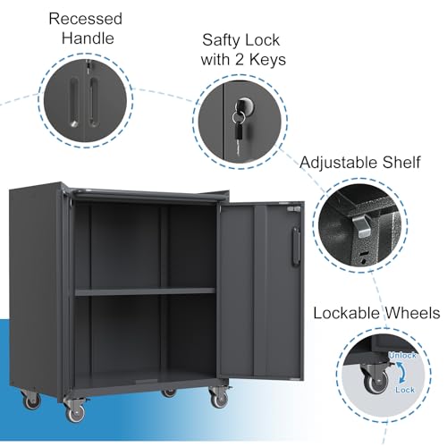 Garage Storage Cabinet Wall Cabinet with 2 Doors,Lockable Tool Cabinets Wall Mounted with Adjustale Shelves,Heavy Duty Steel Hanging Cabinets for Warehouse Kitchen Laundry,Assembly Required