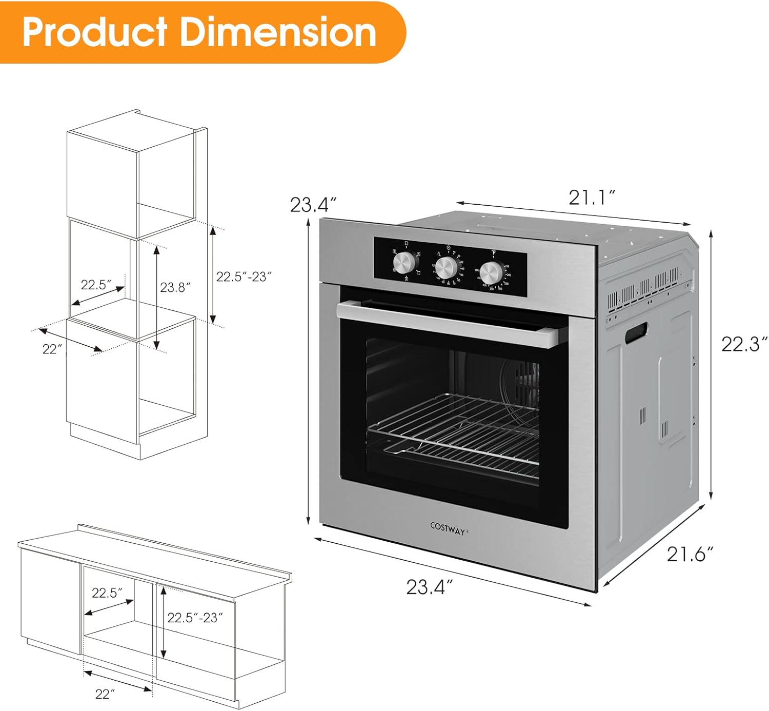 COSTWAY 24" Single Wall Oven, Electric Built-in Wall Oven with 2.47 Cu. Ft. Capacity, 5 Cooking Functions, 360° Rotisserie and Timer, 2300W Built-in Oven in Stainless Steel with Mechanical Knobs