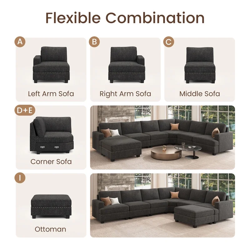 Nolany Modern U Shaped Modular Sectional Sofa with Storage Ottoman for Small Space, Dark Grey