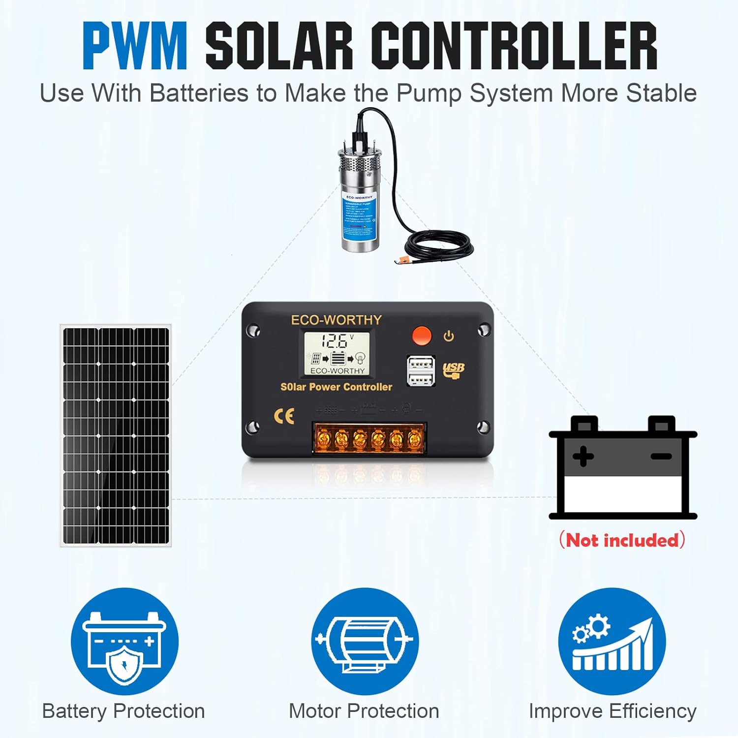 ECO-WORTHY Solar Deep Well Pump System, 12V Water Pump + 2pcs 100W Monocrystalline Solar Panel + 20A Controller +16.4ft Solar Cable for Remote-regions Water Supply,Deep Well, pool, Farm & Ranch