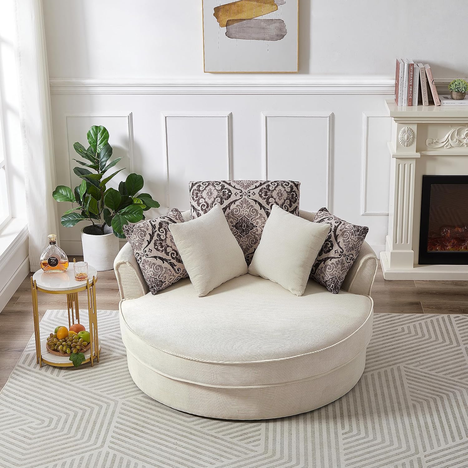 360-Degree Swivel Chair for Living Room Lounge, Modern Round Oversized Barrel Armchair Bedrooms Club Corduroy Upholstered Circle Big Accent Corner Sofachairs with 5 Detachable Pillows