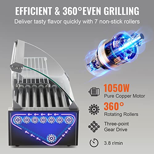 VEVOR Hot Dog Roller, 12 Hot Dog Capacity 5 Rollers, 750W Stainless Steel Cook Warmer Machine with Dual Temp Control, LED Light and Detachable Drip Tray, Sausage Grill Cooker for Kitchen Restaurant