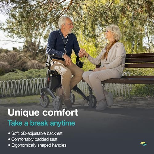 Helavo Ultralight Carbon Fiber 4-Wheel Rollator Walker for Seniors - Lightweight (12.3 lbs), 25.2" Width, 300 lbs Capacity, 8" Wheels, Foldable, Height Adjustable