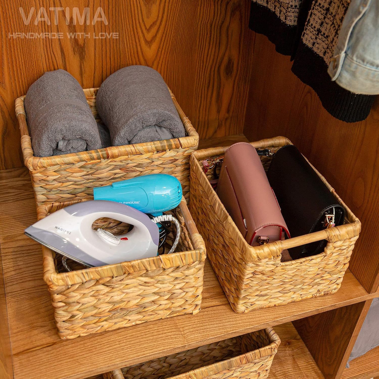 VATIMA Large Wicker Basket Rectangular with Wooden Handles for Shelves, Water Hyacinth Basket Storage, Natural Baskets for Organizing, Wicker Baskets for Storage 14.5 x 10.3 x 7.2 inches