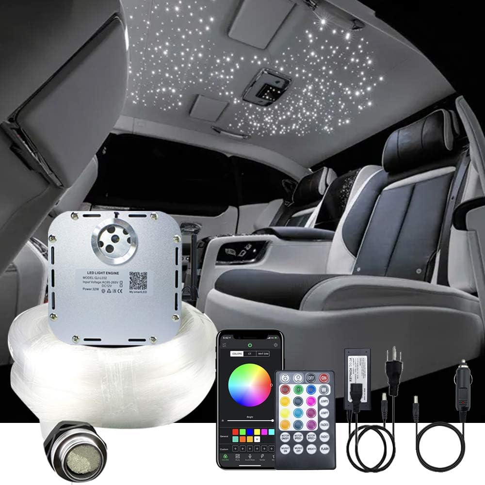 AKEPO Car Home Use 32W RGBW Twinkle+ Sound Activated+ APP Fiber Optic Lights Kit Star Ceiling Sky Light with Total 800pcs in 13.1ft/4m + 9.8ft/3m Long Optical Fiber Cable for Indoor or Interior Decor