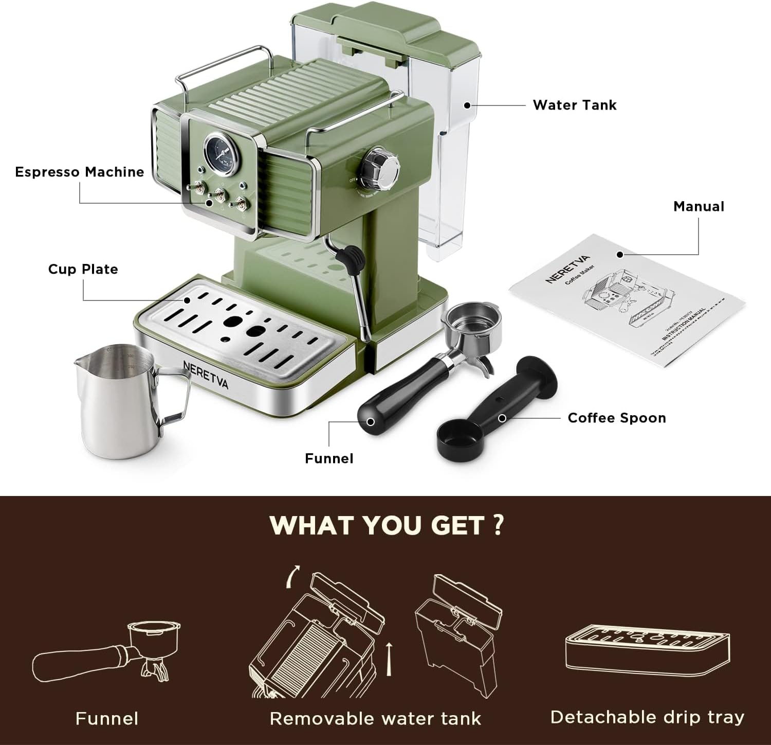 Neretva Espresso Coffee Machine 15 Bar Espresso Maker with Milk Frother Steam Wand Cappuccino, Latte for Home Barista, 1.6L Removable Water Tank