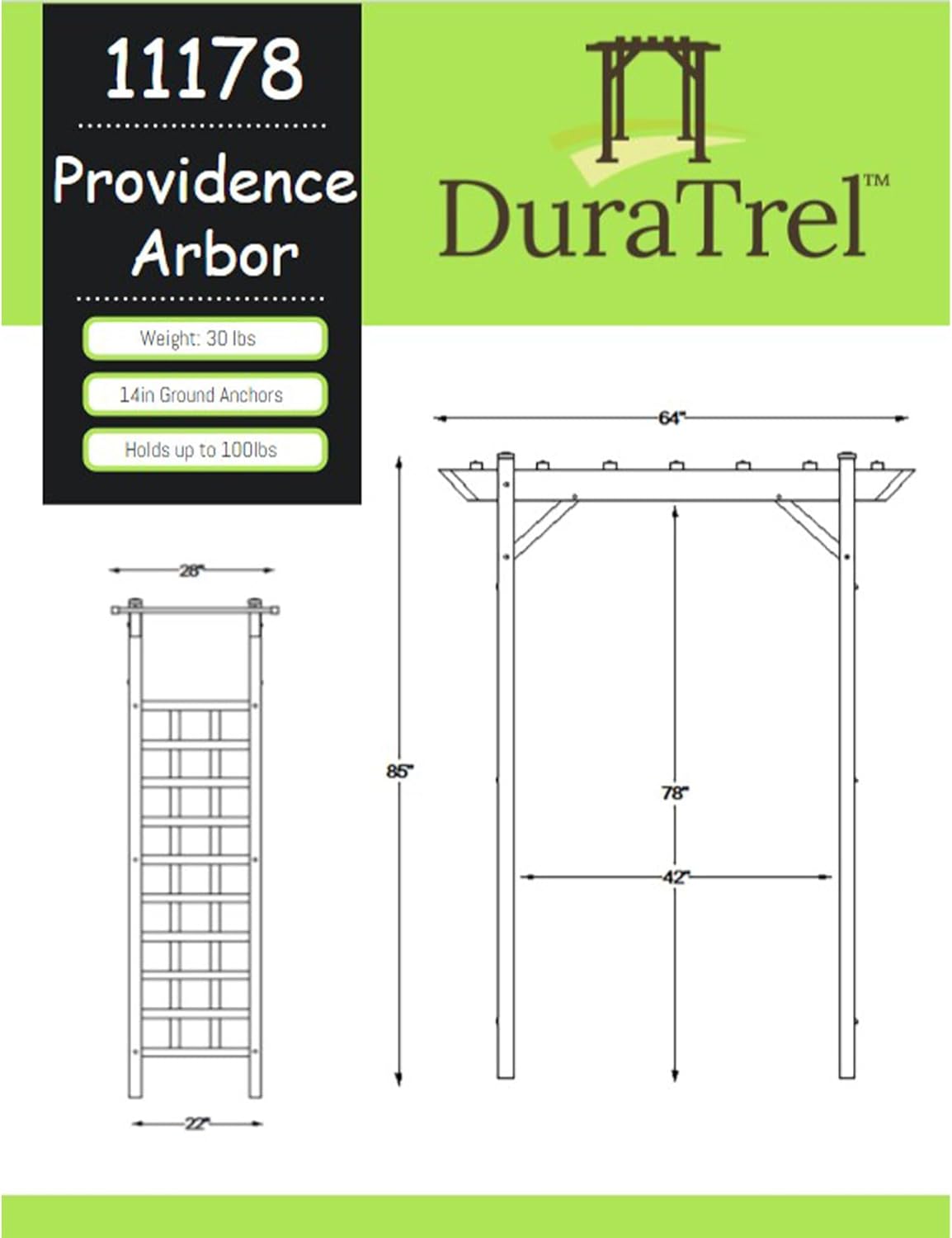 Dura-Trel Providence Arbor, 64 by 85 Inch PVC Patio Garden Arch, Outdoor Lattice Frame Decoration or Trellis for Climbing Plants, White