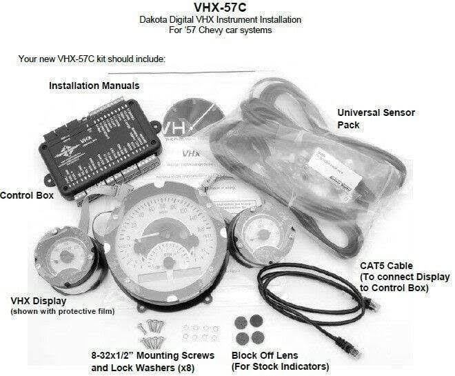 Dakota Digital 57 Chevy Car Analog Gauges System Black Alloy White VHX-57C-K-W