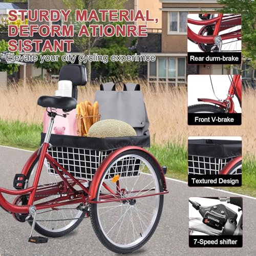 Versatile 24/26-Inch 3-Wheel Adult Tricycle with 7-Speed Gearing and Spacious Basket for Comfortable Riding and Storage for Recreation, Shopping, Picnics
