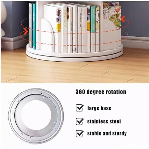 Rotating Bookshelf Tower,3/4/5 Tier Round Bookshelf Rotating Bookcase,Solid Wood Floor Standing Book Storage Rack,Spinning Bookshelf Tower for Bedroom Classroom Playroom(5 Tier, White)