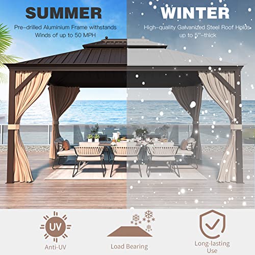EROMMY 14'x20' Hardtop Gazebo Double Roof Galvanized Steel Canopy Outdoor Aluminum Frame Permanent Metal Pavilion with Netting and Curtains for Patio Backyard Deck and Lawns