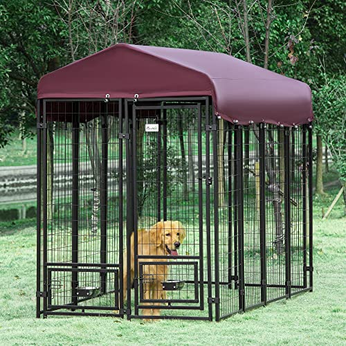 PawHut 4.6' x 4.6' x 5' Dog Kennel Outside, Welded Wire Outdoor Dog Kennel Run with Waterproof & UV Resistant Cover, for S&M Breeds, Chickens, Ducks, Black