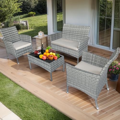 Patio Furniture Set 4 Pieces,Rattan Wicker Double Sofa, Coffee Table,Conversation Outdoor Sets, with Coffee Table and Soft Cushions, Garden Balcony Backyard Lounge Chairs (Black+Khaki Cusion)