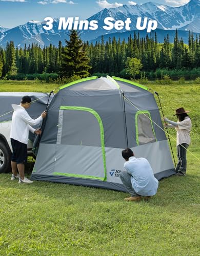 JOYTUTUS Dual-Use SUV Tent, SUV Camping Tent with Rainfly, Movie Screen and Four Steel Frame Poles, SUV Tailgate Tent with Awning Shade, Car Roof Canopy for SUV CUV Van
