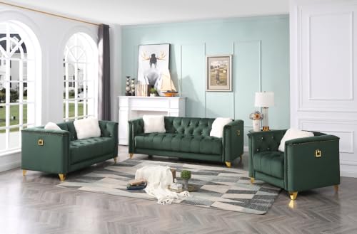 81" Chesterfield Sofa, Deep Button Tufted Upholstered Accent Sofa with Square Arm and Gold Legs, Large Sofa Couch with 2 Pillows and Nailhead Trim for Living Room Apartment Office, Green