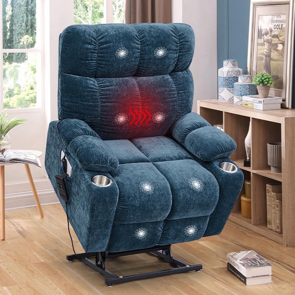 Power Lift Recliner Chair for Elderly, Dual Motor Power Lift Recliner Chair 180 Deg Lay Flat Sleeper Electric Recliner Chair Sofa with Remote Control Massage and Heat Cup Holder For Home Office Blue