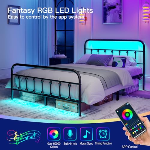 Full Bed Frame with Charging Station, Metal Platform Bed Frame-Mattress Foundation with LED/Headboard and Footboard/Under Bed Storage/No Box Spring Needed,Black