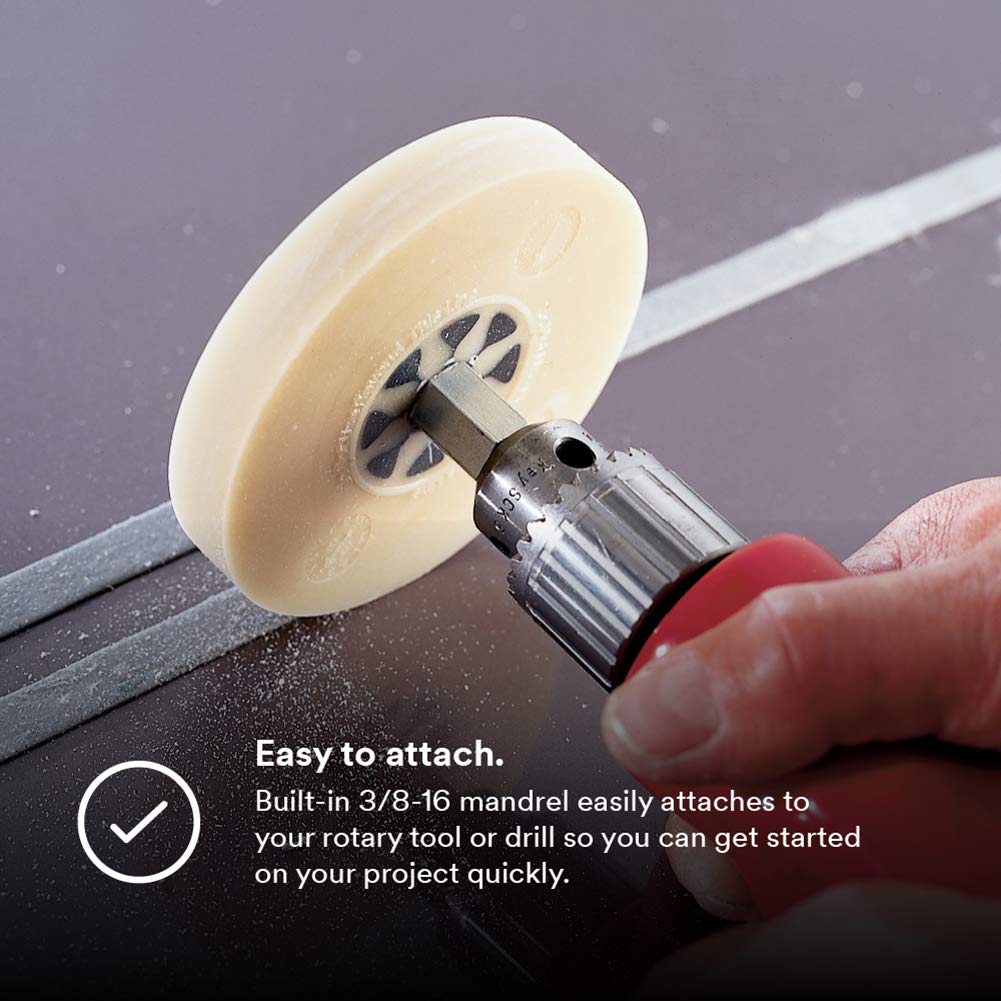 3M Stripe Off Wheel Adhesive Remover Eraser Wheel Removes Decals, Stripes, Vinyl, Tapes and Graphics 4” diameter x 5/8” thick 3/8-16 threaded mandrel 07498 Pack of 1 Pack of 2