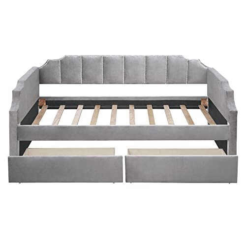 Twin Daybed with Storage - Upholstered Daybed with 2 Drawers and Arched Frame Design, Velvet Daybed with Horizontal Tufting and Nailhead Trim Detail, Storage Daybed for Bedroom (Gray)