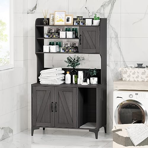 Cat Litter Box Furniture,Hidden Cat Box Enclosure with Shelf Storage, Wood Sturdy Cat Washroom Storage, Indoor Cat House Furniture, Grey