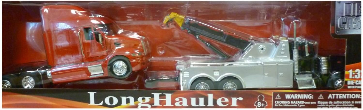 Newray Peterbilt Black Tow Truck with Red Peterbilt Cab 1/32 Scale Pre-Built Diecast Model Set